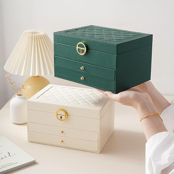 GUOER Jewelry Box for Women Girl Wife 3 Layers Large PU Leather Jewelry Organizer Storage Case with Two drawers Display for Earrings Bracelets Rings Watches (Apricot) - Image 3