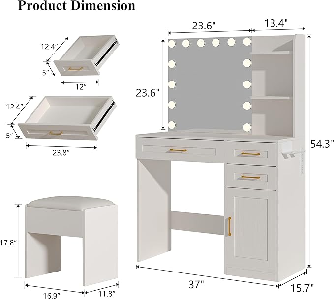 HUAHUU Vanity Desk with Lights, 37inch Makeup Vanity Desk with Mirror & Power Outlet, 3 Colors Lighting Adjustable Brightness, Makeup Vanity Set with Cushioned Chair and Cabinet, 3 Drawers, White