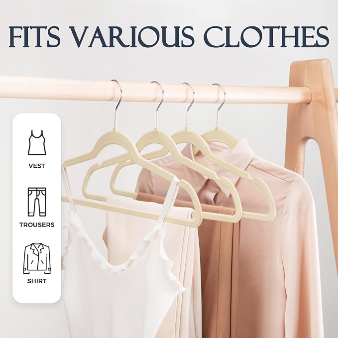 HOUSE DAY Beige Velvet Hangers 60 Pack, Non Slip Clothes Felt Hanger Heavy Duty for Coat, Premium Slim Space Saving Suit Hangers for Closet Organizer, 360° Rotating Silver Hook - Image 3