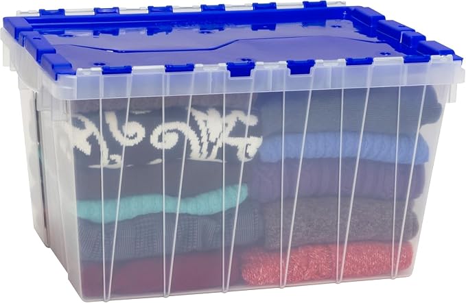 Akro-Mils KeepBox 12 Gallon Storage Container, Nesting and Stackable Plastic Storage Box with Lid Attached, Clear Tote for Garages, Closets, Moving, 21-1/2" x 15" x 12-1/2", Clear/Blue, Pallet of 48 - Image 8
