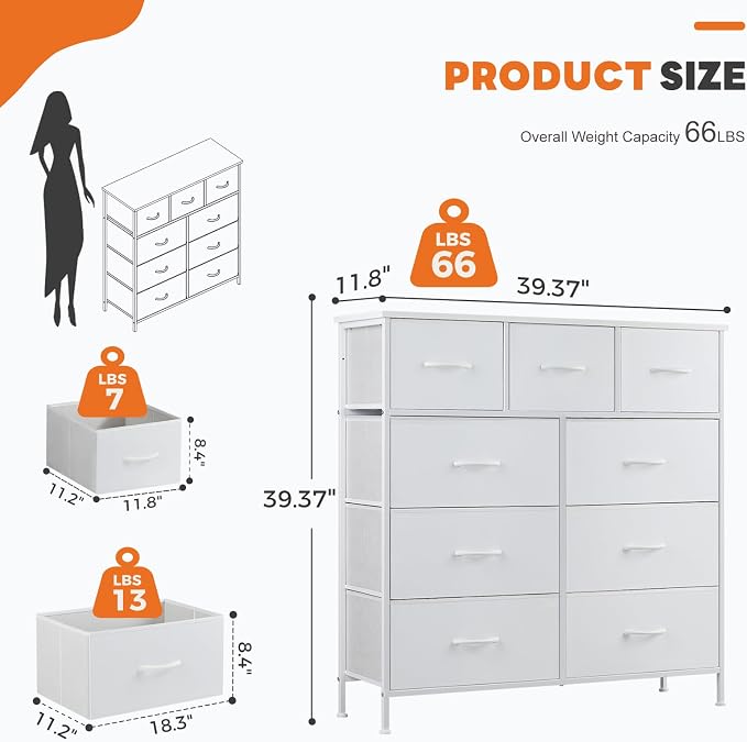 Sweetcrispy 9-Drawer Fabric Dresser Storage Tower with Wood Top and Steel Frame, Organizer Chest with Easy Pull Handles for Bedroom, Closet, Hallway,Pure White - Image 3