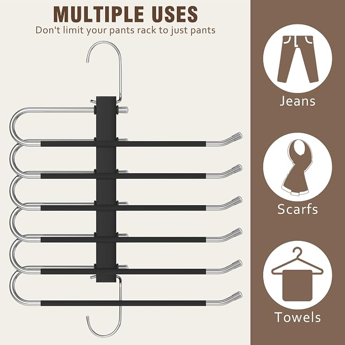 HUITEM 4 Pack 6-Tier Space Saving Pant Hangers, Anti-Slip, Lightweight, Stainless Steel, Black, 6 Pairs Jeans Hangers - Image 7