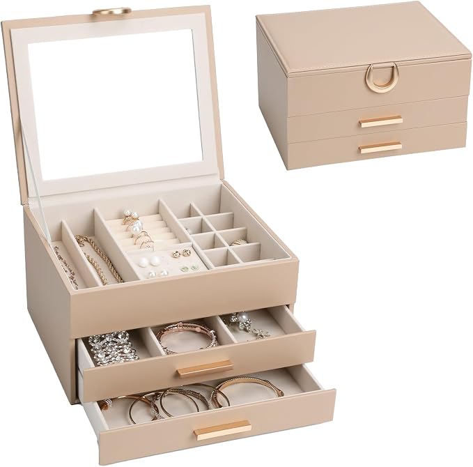 Elegant Gift Jewelry Box with Mirror - 3-Layer Organizer for Earrings, Rings, Necklaces, Ready to Give for Birthday Anniversary Christmas Apricot by HOME