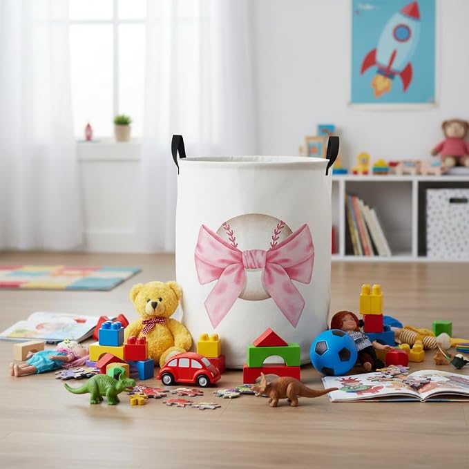 Baby Laundry Basket Baby Nursery Hamper Kids Laundry Basket Toy Storage Bin for Boys Room Decor Gift Baskets for Bedroom Bathroom(Bowknot Baseball) - Image 5
