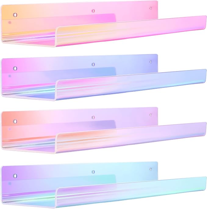 upsimples Acrylic Shelves for Wall Decor, 15" Display Shelf for Perfume, Skincare, Nail Polish, Wall Organizer for Bathroom, Bedroom, Living Room, Playroom, Kids Bookshelf, Iridescent, 4 Pack by upsimples