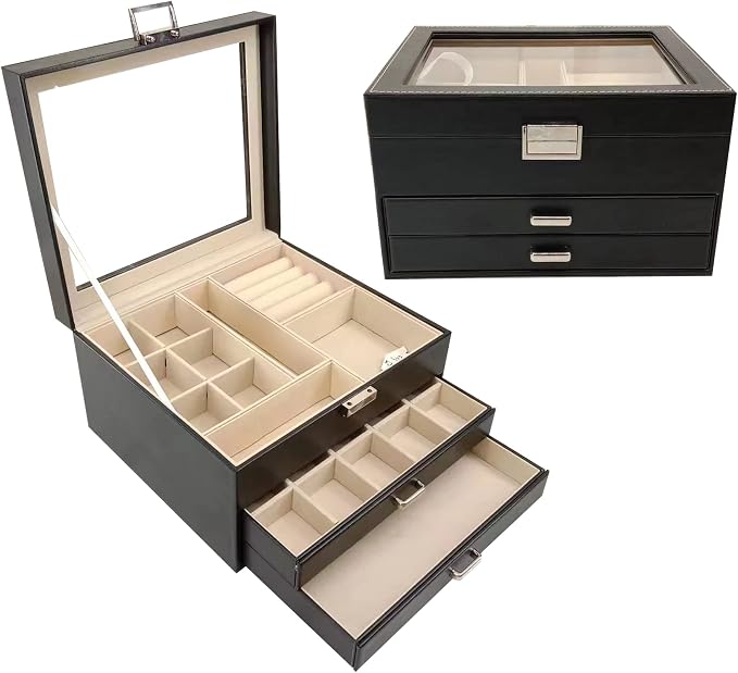 BOOVO Clear Lid Jewelry Box,3 Layers Jewelry Organizer Large Multi-Functional Jewelry Storage Box with 2 Drawers,Jewelry Display Case of Rings Earrings Necklace Bracelets for Women Girls (Black) - Image 5