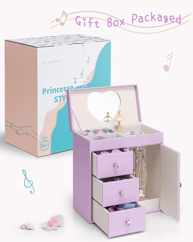 VLANDO Musical Jewelry Box for Girls, Large Kid Music Box with Ballerina for Birthday Bedroom Decor, 4 Layer Girl Jewelry Gifts for Girls Kids - Purple - Image 9