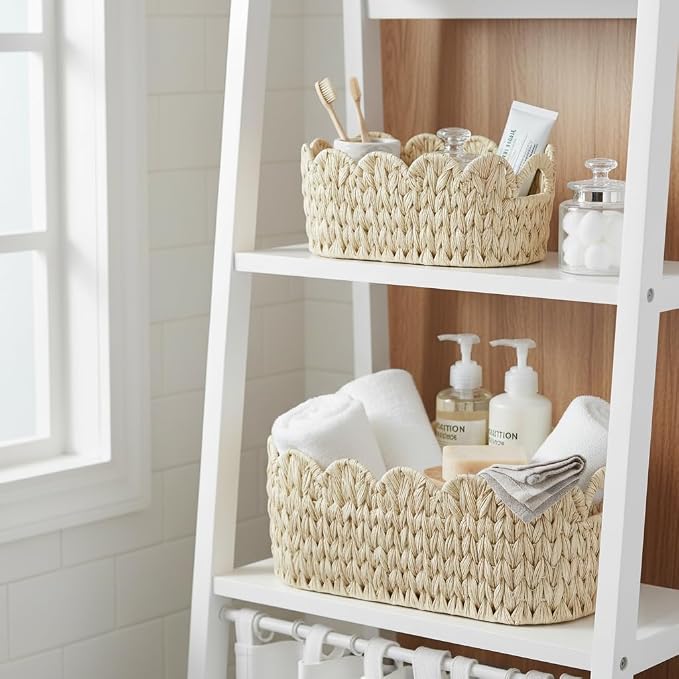 Coeusy Wicker Scalloped Basket Set of 2,Woven Storage Baskets for Shelves,Closet,Laundry,Gifts,Towels,Books,Toys,Waterproof Boho Decor Basket for Organizing - Image 3