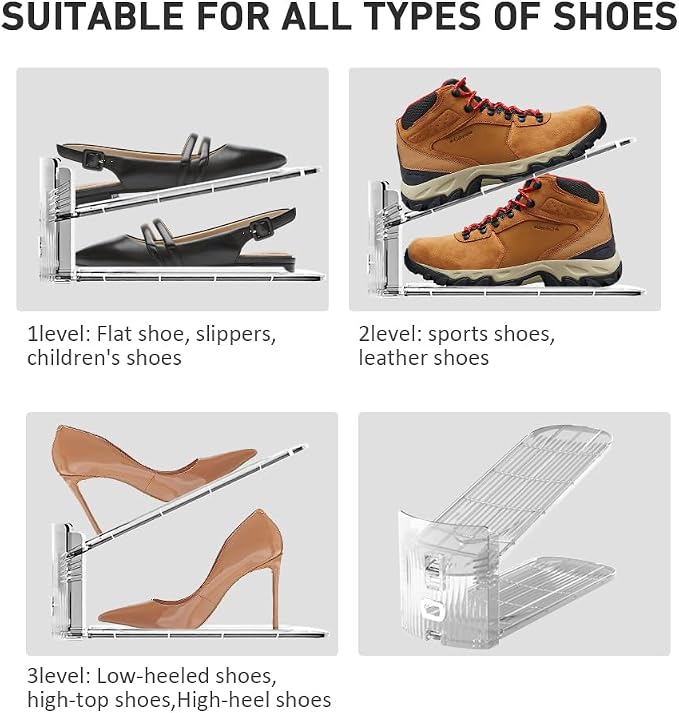 12 Pack Clear Shoe Slots Organizer - Adjustable Height 3.7''to 7.7'' Shoe stackers for a pair of shoes ,Shoe rack storage shoe space saver 50%,Easy to assemble shoe hold shoe organizer for cloest - Image 6