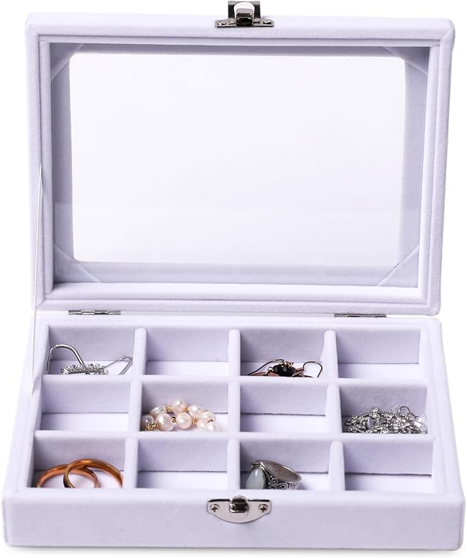 Frebeauty Jewelry Organizer Tray with Clear Lid 12 Grid Velvet Drawer Insert Jewelry Box with Transparent lid Jewelry Display Case Store Showcase Jewelry Box Gift for Women(White,12 Grid) - Image 2