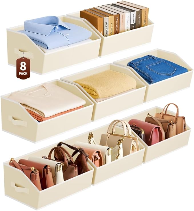 Homsorout Large Closet Organizers and Storage Bins - 8 Pack Trapezoid Storage Baskets for Shelves, Foldable Fabric Baskets with Handles Ideal for Closet, Basket, Wardrobe and Shelf Storage, Beige by Homsorout