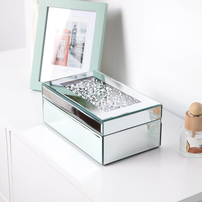 Luxury Mirrored Jewelry Box with Crushed Diamond - Glass Jewelry Box Organizer Storage for Women, Ring Holder Case for Dresser and Decorative - Image 5