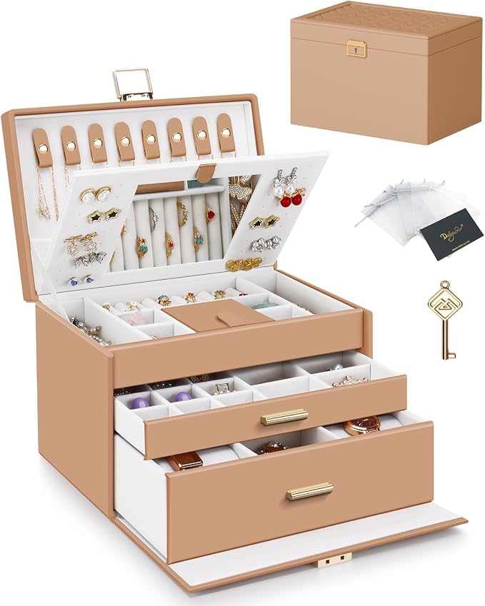 DesignSter Jewelry Box for Women Girl, 3-layer Lockable Jewelry Organizer with Mirror, Large Leather Jewelry Case for Earring Necklace Ring Bracelet Watch - Image 2