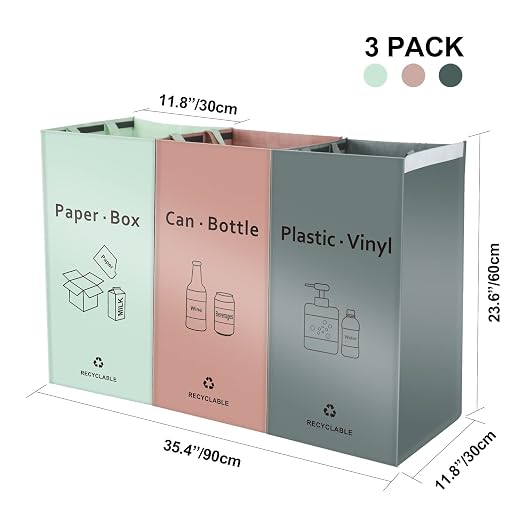 JIALAI HOME Separate Recycling Bin for Kitchen Home - Indoor Recycle Bins (Pink, Green, Gray) Waste Trash Sorting Bins, Reusable Waterproof Affordable Recycle Bags, Pack of 3 Bags - Image 3