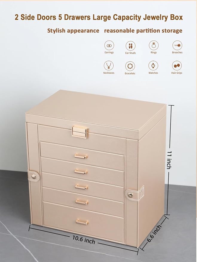 BOOVO Jewelry Box For women, 6 Layer Large Jewelry Organizer With Mirror, Multi-Function Storage Box With Lock, Necklace Holder With 5 Drawers, For Earrings Necklace Bracelet (Champagne Gold) - Image 6