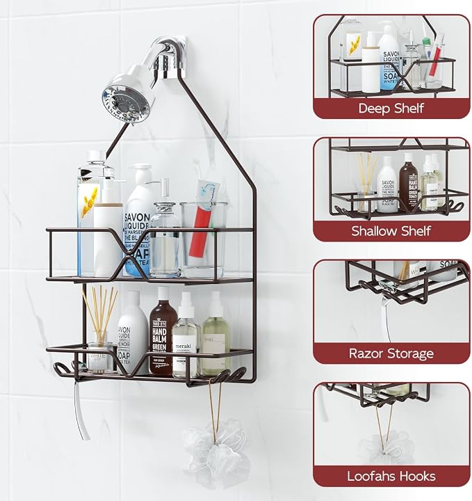 TreeLen Shower Caddy over Shower Head Hanging Bathroom Caddy for Bathroom Organizer 4 Hooks Shampoo Holder-Bronze - Image 2