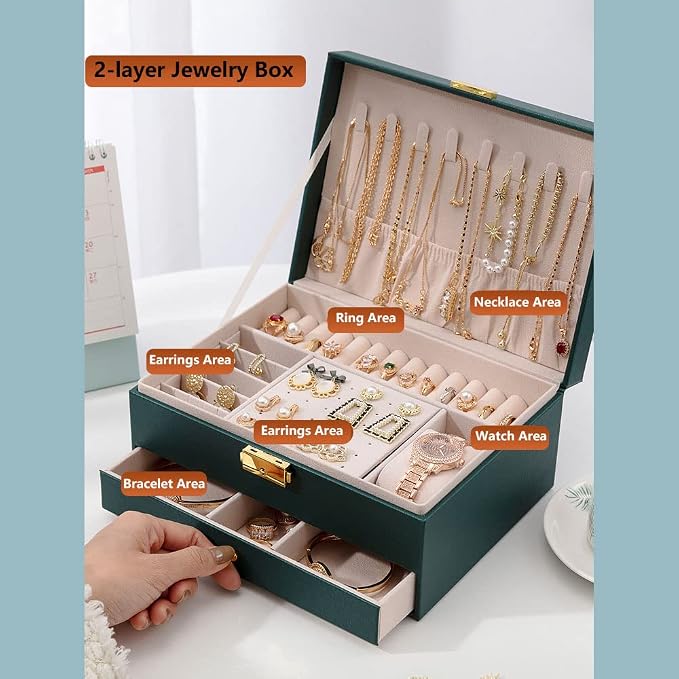 GUOER Jewelry Box for Women Girl Wife - Large PU Leather Jewelry Organizer Storage Case with Two Layers Display for Earrings Bracelets Rings Watches (Green) - Image 5
