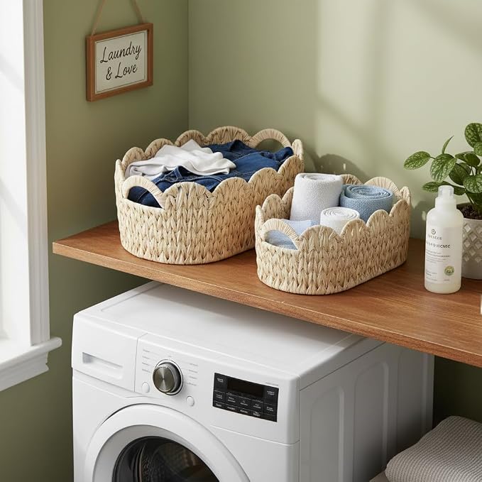 Coeusy Wicker Scalloped Basket Set of 2,Woven Storage Baskets for Shelves,Closet,Laundry,Gifts,Towels,Books,Toys,Waterproof Boho Decor Basket for Organizing - Image 2