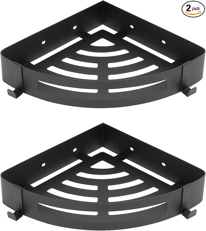NearMoon Bathroom Corner Shelf Shower Caddy 2 Pack, No Drill 304 Stainless Steel Shower Organizer with 2 Hooks (Matte Black) by NearMoon