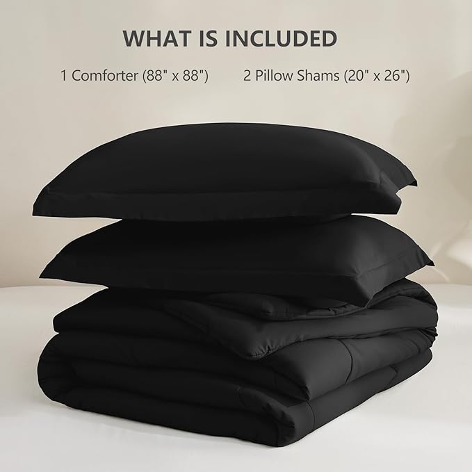 CozyLux Queen Comforter Set Black - 3 Pieces Box Stitched Comforters Queen Size, Soft Bed Set for All Seasons, Lightweight Bedding Sets with 1 Down Alternative Comforter and 2 Pillow Shams (Pack of 2)