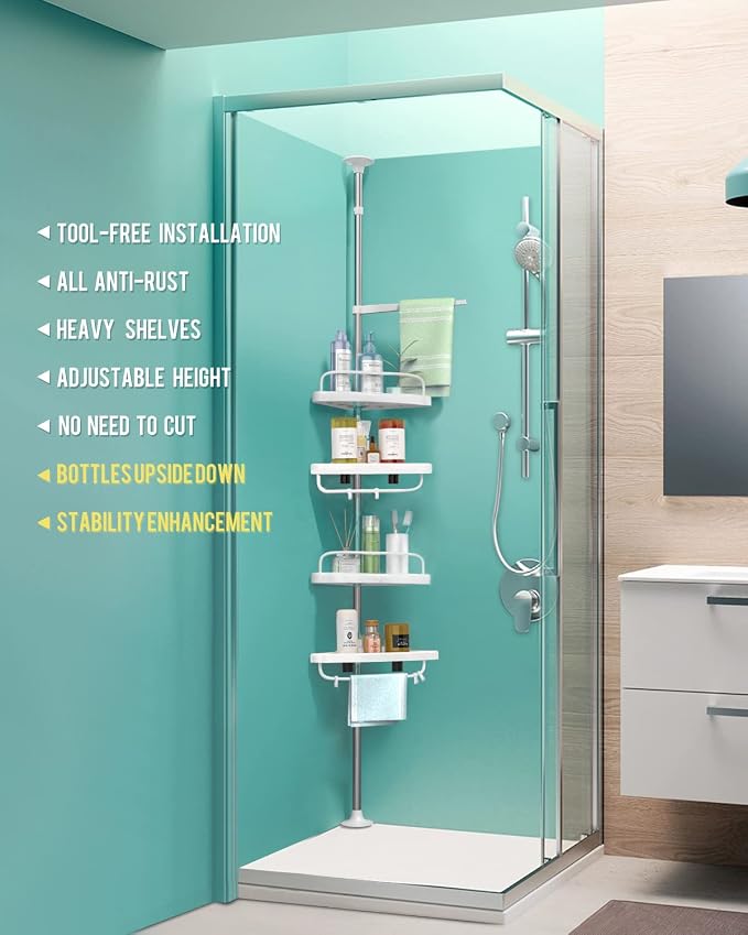 ADOVEL 4 Layer Corner Shower Caddy, Stainless Steel Constant Tension Pole Shower Organizer, Adjustable Corner Shower Shelf, Rustproof 3.3 to 9.8 ft - Image 2