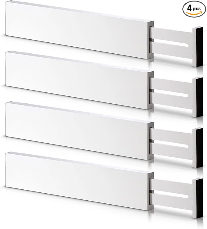 4 Pack Bamboo Drawer Dividers 2.6" High, Adjustable Length from 12 Inch to 17 Inch, Expandable Kitchen Drawer Organizer Separators for Clothes, Kitchen, Bedroom, Dresser, Office (White) by BESHOF