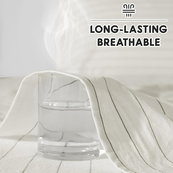SONORO KATE 100% French Pure Linen Sheets, Breathable and Durable Linen King Size Sheets, Anti-Tear Linen Bed Sheets, Machine Washable, 16 Inch Deep Pocket - 4 Piece (White & Dark Grey Stripes)