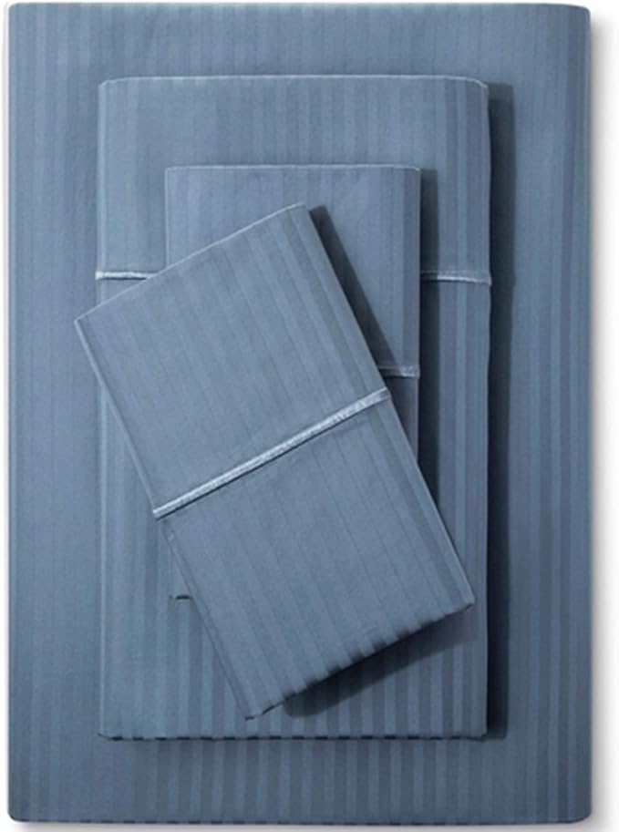 Feather & Stitch 500 TC California King Size Bed Sheet Set, 100% Cotton Soft Breathable Bedsheets, 4 Piece 18" Deep Pockets Sateen Weave Striped Bedding Mattress Resort Hotel Luxury - (Blue Stripe)