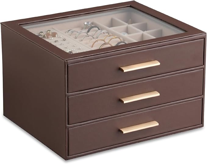Frebeauty Clear Lid Jewelry Box,3-Layer Jewelry Organizer with Drawer,PU Leather Jewelry Organizers and Storage,Jewelry Boxes for Women,Jewelry Storage for Rings Earring Stud,Gift for Women(Brown) by Frebeauty
