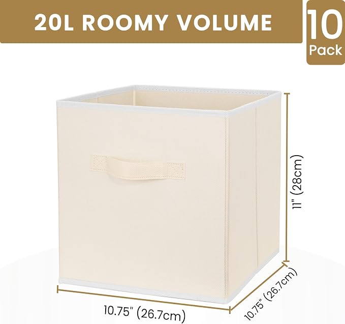 Criusia Storage Cubes, 11 Inch Clothes Storage Bins with Dual Handles (10 Pack), Fabric Collapsible Storage Bins for Shelves Closet, Cubby Organizer Bins for Clothing Toys Blanket Yarns (Beige) - Image 2