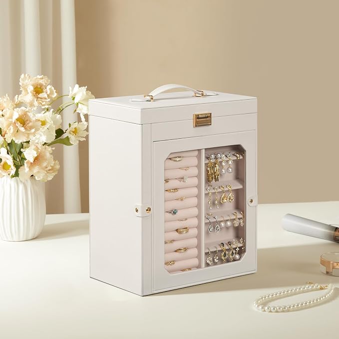HOOBRO Jewelry Box with Mirror, Travel Jewelry Organizer with Glass Window, Jewelry Storage Case, Vertical Storage, Gift for Loved Ones, for Earrings, Rings, Necklaces, Bracelets, White WT03JB04G2 - Image 3