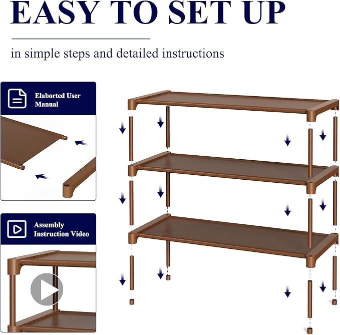 Kitsure Shoe Rack - Non-Woven Shoe Rack Shelf, Shoe Organizer for Closet, Entryway, Garage & Corridor, Stackable Shoe Shelves, 27.5" Wide - 3 Tier, Brown - Image 5