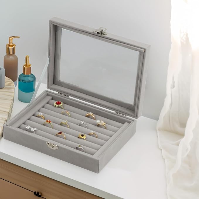 Fordonral Velvet Jewelry Organizer Box, Jewelry Drawer Organizers Trays, Earring Ring Necklace Holder Display Case (Gray, Ring Box) - Image 4