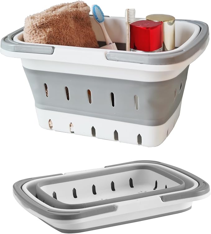 Portable Folding Plastic Bath Caddy with Handle, Perforated, Travel Bathroom Organizer for Bedroom, Bathroom, Shower, Dorm Room, Camping and RV Use (Grey, 1 pack) by Unknown