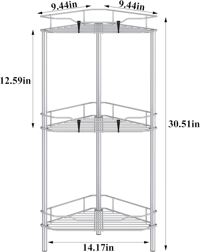 HuggieGems 3 Tier Floor Standing Corner Shower Caddy Organizer Shelf with Hooks, Bathroom Shelves Stand Rack, Silver - Image 7