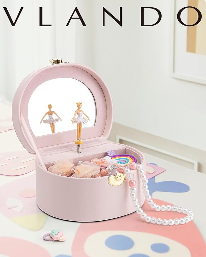 VLANDO Musical Jewelry Box for Girls, Small Kid Music Box with Ballerina for Party Bedroom Decor, Bithday Gift for Girl - Light Pink - Image 7