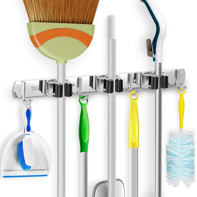 IMILLET Broom Holder Wall Mounted, Stainless Steel Broom and Mop Holder Self Adhesive Broom Organizer Heavy Duty Hooks Storage Organizer for Home Laundry Room Garden Garage Closet Kitchen (1 Pack) by IMILLET