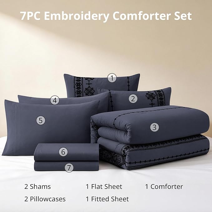 MaiRêve Queen Size Comforter Set Crown Blue, Embroidery Floral Western Boho Bedding Set, All Season 7 Pieces Bed in a Bag with Sheets, Pillowcases & Shams