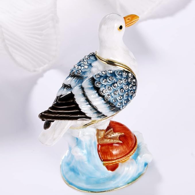 Hand Painted Enamel Seagull Trinket Box for Home Decor, Hinged Jewelry Organizer for Ring Earrings, Unique Figurine Keepsake Collectible Personalized Elegant Handmade Ornament Gifts (White Seagull) - Image 4