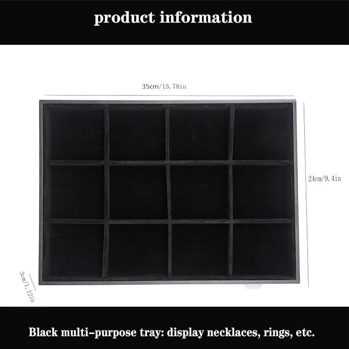 Large Velvet Jewelry Tray, Drawer Organizer for Jewelry in Dresser, Stackable Jewelry Drawer Organizer Inserts for Earring Necklace Bracelet Rings(Black,12grid) - Image 6
