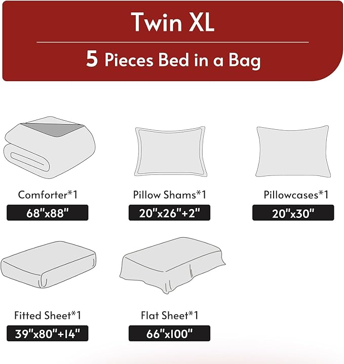 MUXHOMO 5 Pieces Twin XL Comforter Set, Reversible Bed in a Bag Twin XL Size, All Season Bedding Set with Comforter, Flat Sheet, Fitted Sheet, Pillowcases & Shams, Greyish Blue & Light Grey