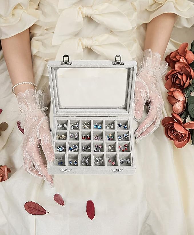 Jewelry Box 24 Grid Velvet Jewelry Tray for Drawers Glass Clear Lid Showcase Display Storage Ring Trays Holder Earrings Organizer Case(Grey) - Image 6