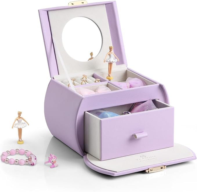 Vlando Musical Jewelry Box with Spinning Ballerina, Lockable Girls’ Jewelry Organizer for Necklaces Rings and Hair Accessories, Gift for Girls and Kids, Purple by VLANDO