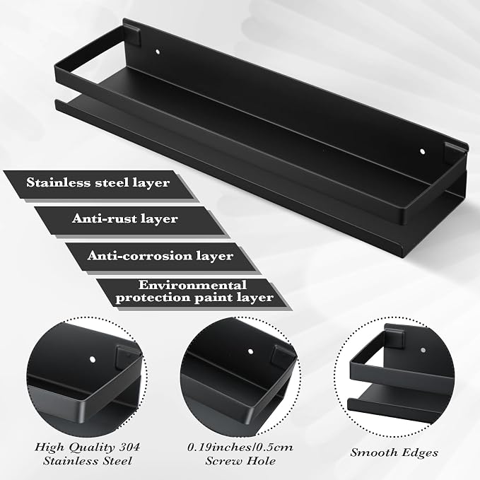 Lallisa 2 Pieces Stainless Steel Shelf Bathroom Shower Floating Shelves Wall Mounted Shower Caddy Basket Shelf Storage Organizer Shelves for Bathroom, Kitchen, Living Room(11.81 Inch/ 30 cm,Black) - Image 4