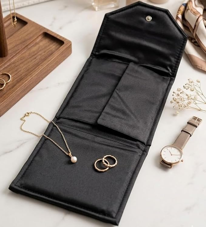 Novel Box Necklace Display Pearl Folder 8x6 inch Large Travel Jewelry Case - Wedding Jewelry Storage Holder with Smooth Finish - Jewelry Organizer Necklace Box - Black/Black Stitched - Image 4