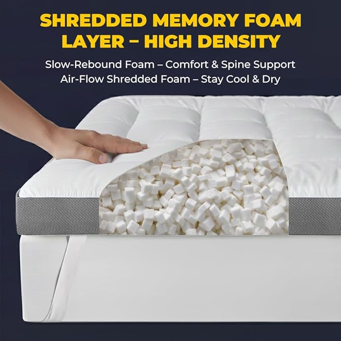 HYPREST 4 Inch Memory Foam Mattress Topper King, Thick Cooling Cotton Pillow Top Mattress Topper with 2000 GSM Shredded Memory Foam - Soft & Supportive for Back Pain Relief, Non-Slip Bottom