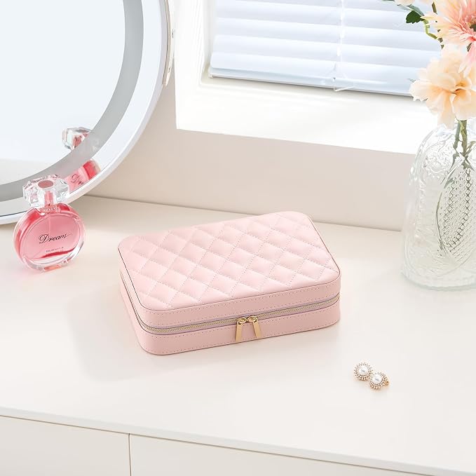 Lolalet Travel Jewelry Case for Women Girls, Travel Jewelry Organizer Box with Mirror & Clear Storage Bag, Small Portable Earring Necklace Bracelet Ring Case, Birthday Valentine Gifts -Medium, Pink - Image 7