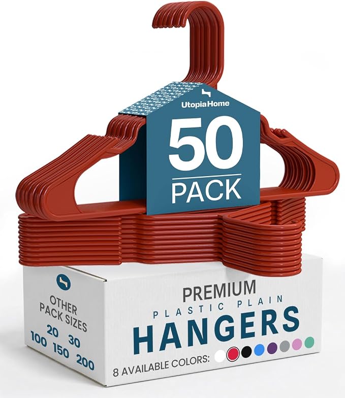 Utopia Home Plastic Hangers 50 Pack - Perfect Space Saving Clothes Hanger - Durable and Strong - Perfect Closet Organizers with Shoulder Grooves (Red) by UTOPIAHOME