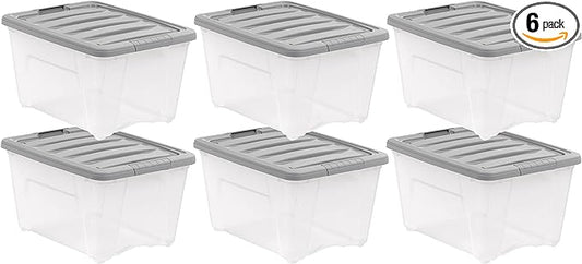 Amazon Basics Plastic Storage Containers with Secure Latching Lids, Stackable Organization Bins, Clear/Grey, 32 Quart, Set of 6