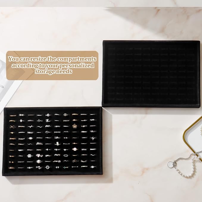 Large Velvet Jewelry Tray 2 Pack Stackable Jewelry Display Drawer Inserts Trays Organizer for Earring Bracelet Necklace Ring (Black, Ring 81 Slots) - Image 4